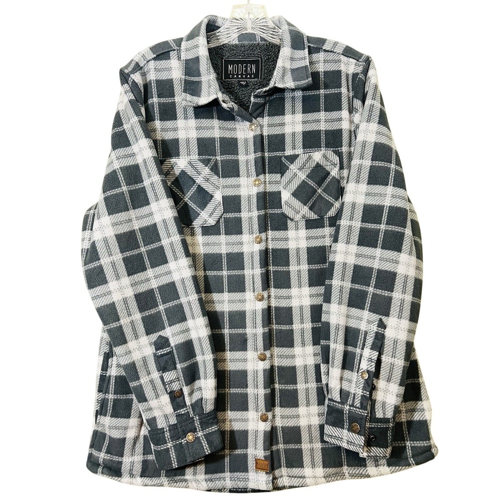 Modern Canvas Women's L Sherpa Lined Plaid Flannel Shirt Jacket Gray